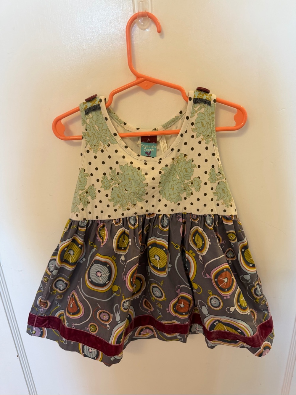 Garden Print Polka Dot & Pocket-Print Girls Dress - Green & Gray